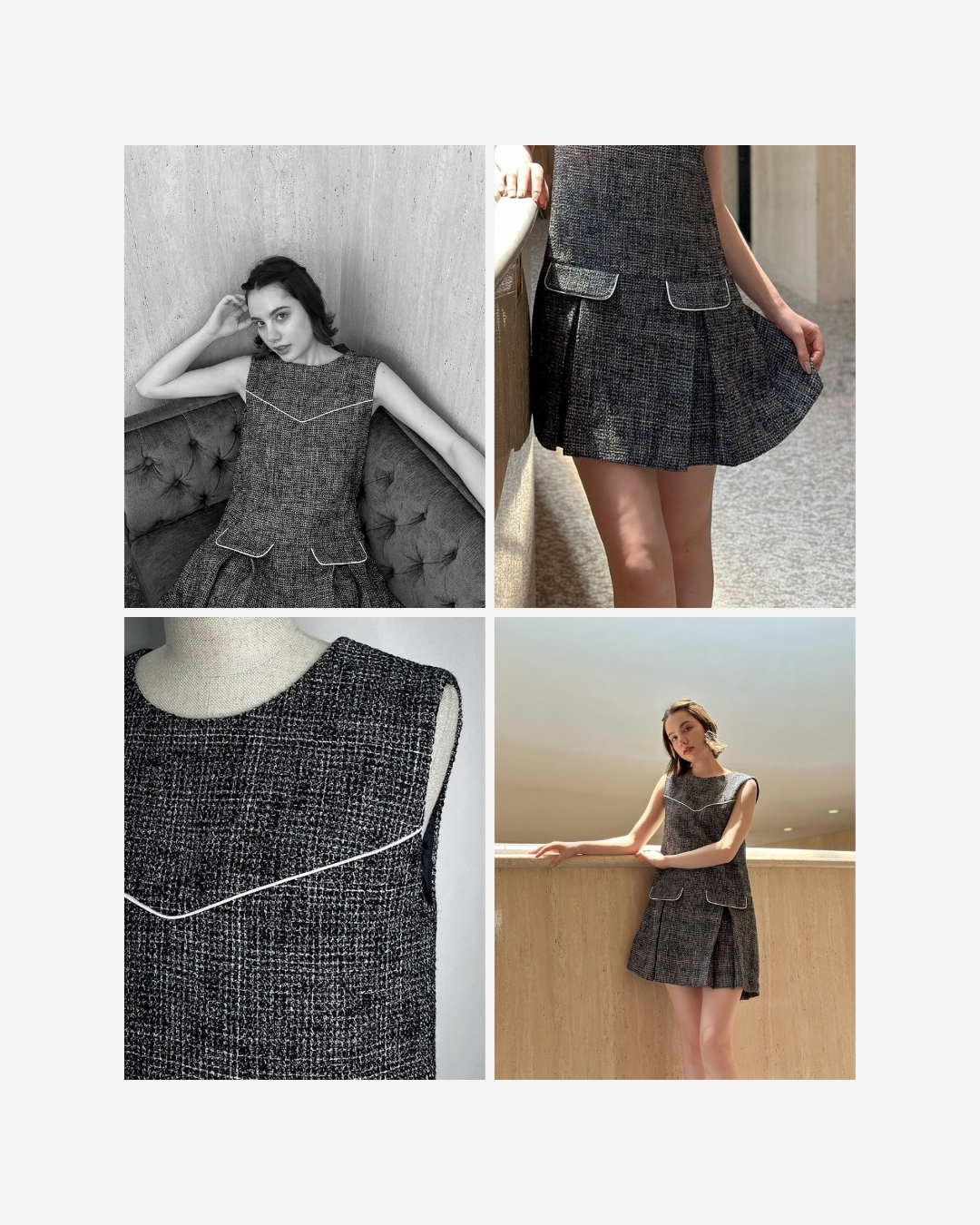 Box pleated tweed mini dress