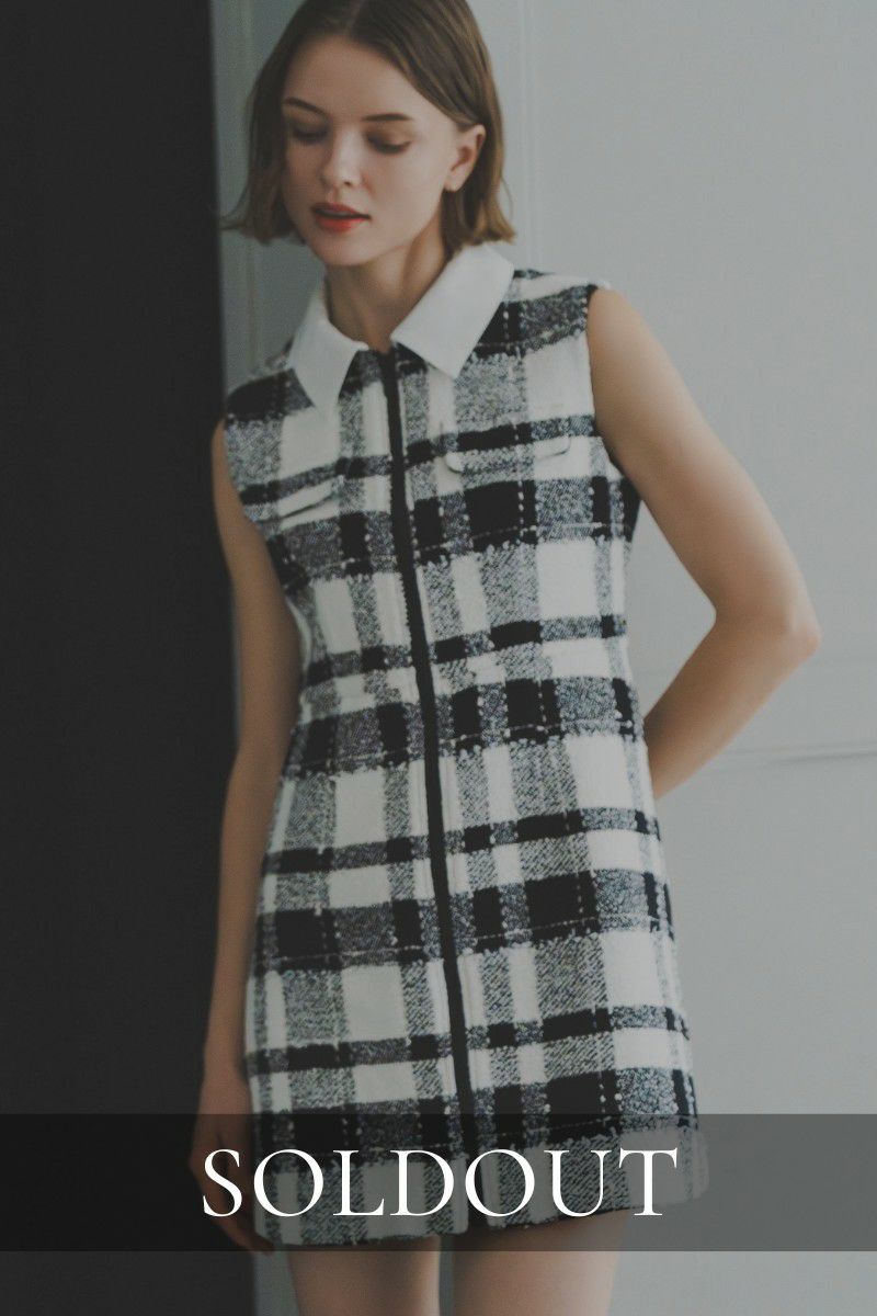 front zipper tweed check dress